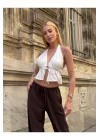 Kadın Pamuk Keten Sırt Dekolteli Halter Yaka Bağlamalı Crop Bluz