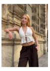 Kadın Pamuk Keten Sırt Dekolteli Halter Yaka Bağlamalı Crop Bluz