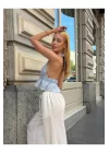 Kadın Pamuk Keten Sırt Dekolteli Halter Yaka Bağlamalı Crop Bluz