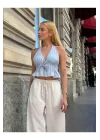 Kadın Pamuk Keten Sırt Dekolteli Halter Yaka Bağlamalı Crop Bluz