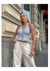 Kadın Pamuk Keten Sırt Dekolteli Halter Yaka Bağlamalı Crop Bluz