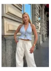 Kadın Pamuk Keten Sırt Dekolteli Halter Yaka Bağlamalı Crop Bluz