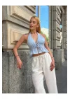 Kadın Pamuk Keten Sırt Dekolteli Halter Yaka Bağlamalı Crop Bluz
