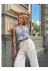 Kadın Pamuk Keten Sırt Dekolteli Halter Yaka Bağlamalı Crop Bluz