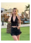 Kadın Pamuk Keten Sırt Dekolteli Halter Yaka Bağlamalı Crop Bluz