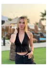 Kadın Pamuk Keten Sırt Dekolteli Halter Yaka Bağlamalı Crop Bluz