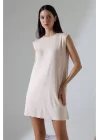 Kadın Krem Oversize Sıfır Kol Bisiklet Yaka Basic Günlük Içlik Tunik Viscon Kumaş
