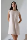 Kadın Krem Oversize Sıfır Kol Bisiklet Yaka Basic Günlük Içlik Tunik Viscon Kumaş