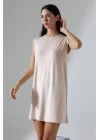 Kadın Krem Oversize Sıfır Kol Bisiklet Yaka Basic Günlük Içlik Tunik Viscon Kumaş