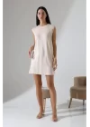 Kadın Krem Oversize Sıfır Kol Bisiklet Yaka Basic Günlük Içlik Tunik Viscon Kumaş