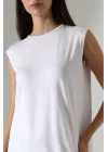 Kadın Beyaz Oversize Sıfır Kol Bisiklet Yaka Basic Günlük Içlik Tunik Viscon Kumaş