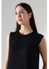 Kadın Siyah Oversize Sıfır Kol Bisiklet Yaka Basic Günlük Uzun Içlik Tunik Viscon Kumaş