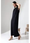 Kadın Siyah Oversize Sıfır Kol Bisiklet Yaka Basic Günlük Uzun Içlik Tunik Viscon Kumaş