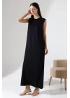 Kadın Siyah Oversize Sıfır Kol Bisiklet Yaka Basic Günlük Uzun Içlik Tunik Viscon Kumaş