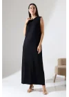 Kadın Siyah Oversize Sıfır Kol Bisiklet Yaka Basic Günlük Uzun Içlik Tunik Viscon Kumaş