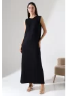 Kadın Siyah Oversize Sıfır Kol Bisiklet Yaka Basic Günlük Uzun Içlik Tunik Viscon Kumaş