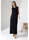 Kadın Siyah Oversize Sıfır Kol Bisiklet Yaka Basic Günlük Uzun Içlik Tunik Viscon Kumaş