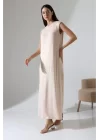 Kadın Bej Oversize Sıfır Kol Bisiklet Yaka Basic Günlük Uzun Içlik Tunik Viscon Kumaş