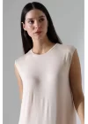 Kadın Bej Oversize Sıfır Kol Bisiklet Yaka Basic Günlük Uzun Içlik Tunik Viscon Kumaş