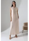 Kadın Bej Oversize Sıfır Kol Bisiklet Yaka Basic Günlük Uzun Içlik Tunik Viscon Kumaş