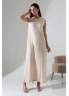 Kadın Bej Oversize Sıfır Kol Bisiklet Yaka Basic Günlük Uzun Içlik Tunik Viscon Kumaş