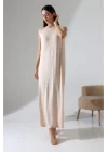 Kadın Bej Oversize Sıfır Kol Bisiklet Yaka Basic Günlük Uzun Içlik Tunik Viscon Kumaş