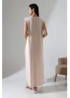 Kadın Bej Oversize Sıfır Kol Bisiklet Yaka Basic Günlük Uzun Içlik Tunik Viscon Kumaş