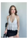 Dantelli Halter Yaka Sırt Dekolteli Transparan Katlı Crop Bluz
