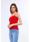 Kadın Kırmızı İp Askılı Basic Atlet – Yazlık Dar Kalıp Streç Bluz