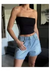 Straplez Spor Crop Bluz Yanı Şeritli
