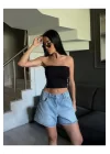 Straplez Spor Crop Bluz Yanı Şeritli