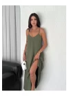Kadın Askılı Ayrobin Uzun Elbise Cepli Oversize Model Sırtı Açık Göğüs Dekolteli - Yazlık