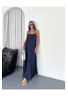 Kadın Askılı Ayrobin Uzun Elbise Cepli Oversize Model Sırtı Açık Göğüs Dekolteli - Yazlık