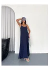 Kadın Askılı Ayrobin Uzun Elbise Cepli Oversize Model Sırtı Açık Göğüs Dekolteli - Yazlık