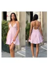 Kadın Askılı V Yaka Kat Kat Mini Elbise - Bağlamalı Göğüs ve Sırt Dekolteli Yazlık Elbise
