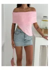Kadın Asimetrik Kesim Straplez Yaka Ottoman Kumaş Crop Bluz