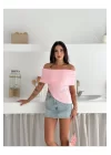 Kadın Asimetrik Kesim Straplez Yaka Ottoman Kumaş Crop Bluz