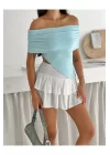 Kadın Asimetrik Kesim Straplez Yaka Ottoman Kumaş Crop Bluz