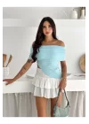 Kadın Asimetrik Kesim Straplez Yaka Ottoman Kumaş Crop Bluz