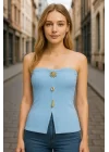 Kadın Önden Düğmeli Straplez Crop Bluz Ottoman Kumaş Yazlık Trend ve Şık