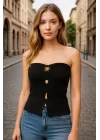 Kadın Önden Düğmeli Straplez Crop Bluz Ottoman Kumaş Yazlık Trend ve Şık
