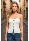 Kadın Önden Düğmeli Straplez Crop Bluz Ottoman Kumaş Yazlık Trend ve Şık