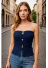 Kadın Önden Düğmeli Straplez Crop Bluz Ottoman Kumaş Yazlık Trend ve Şık