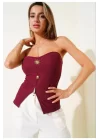 Kadın Önden Düğmeli Straplez Crop Bluz Ottoman Kumaş Yazlık Trend ve Şık