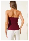 Kadın Önden Düğmeli Straplez Crop Bluz Ottoman Kumaş Yazlık Trend ve Şık