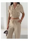 Kadın Keten Crop Gömlek ve Pantolon Takım Yazlık Şık ve Trend