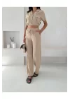 Kadın Keten Crop Gömlek ve Pantolon Takım Yazlık Şık ve Trend