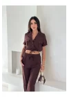 Kadın Keten Crop Gömlek ve Pantolon Takım Yazlık Şık ve Trend