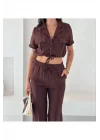 Kadın Keten Crop Gömlek ve Pantolon Takım Yazlık Şık ve Trend
