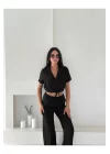 Kadın Keten Crop Gömlek ve Pantolon Takım Yazlık Şık ve Trend